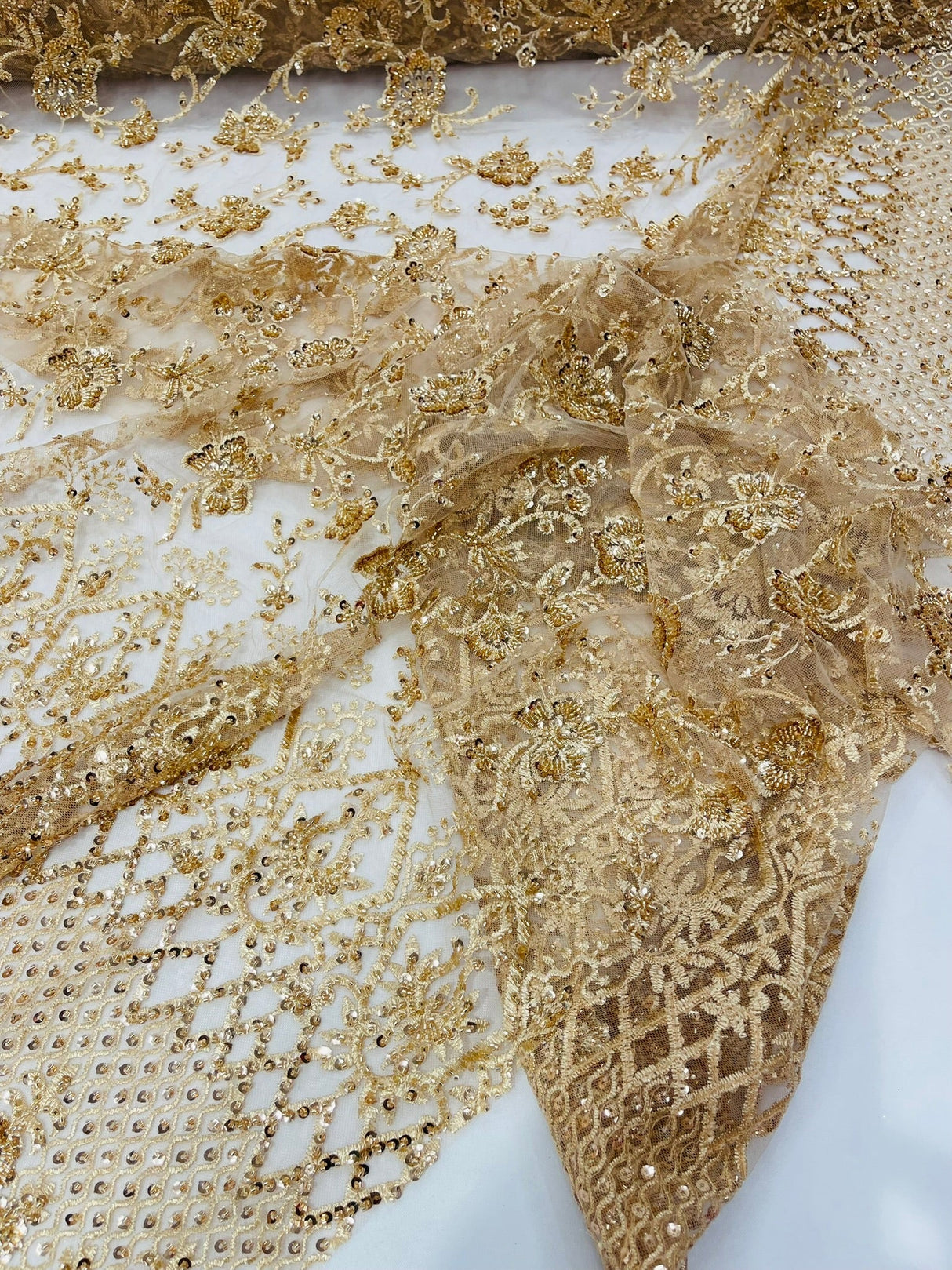 Modern Luxury Beaded Fabric - Mesh Lace, 54" Width, Color Assorted (1 Yard)