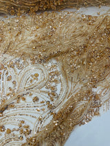 Modern Luxury Beaded Fabric Embroidered On A Mesh Lace Fabric - Beaded Embroidery, 54" Width (1 Yard)