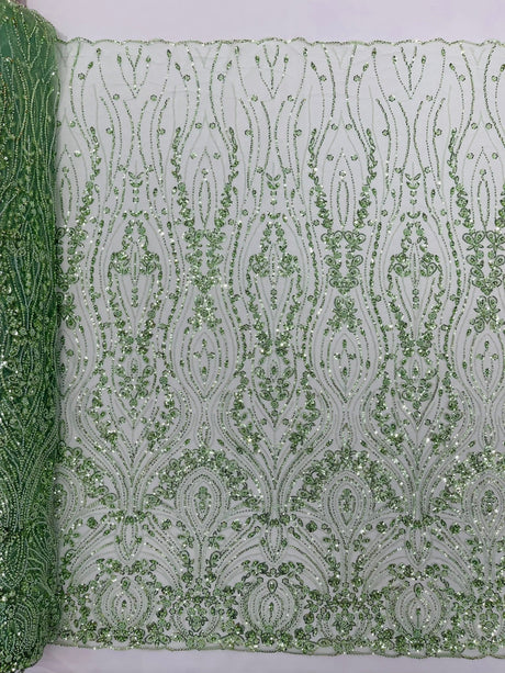 Modern Luxury Beaded Fabric Embroidered On A Mesh Lace Fabric - Beaded Embroidery, 54" Width (1 Yard)