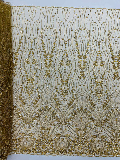 Modern Luxury Beaded Fabric Embroidered On A Mesh Lace Fabric - Beaded Embroidery, 54" Width (1 Yard)