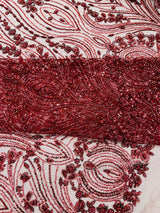 Modern Luxury Beaded Fabric Embroidered On A Mesh Lace Fabric - Beaded Embroidery, 54" Width (1 Yard)