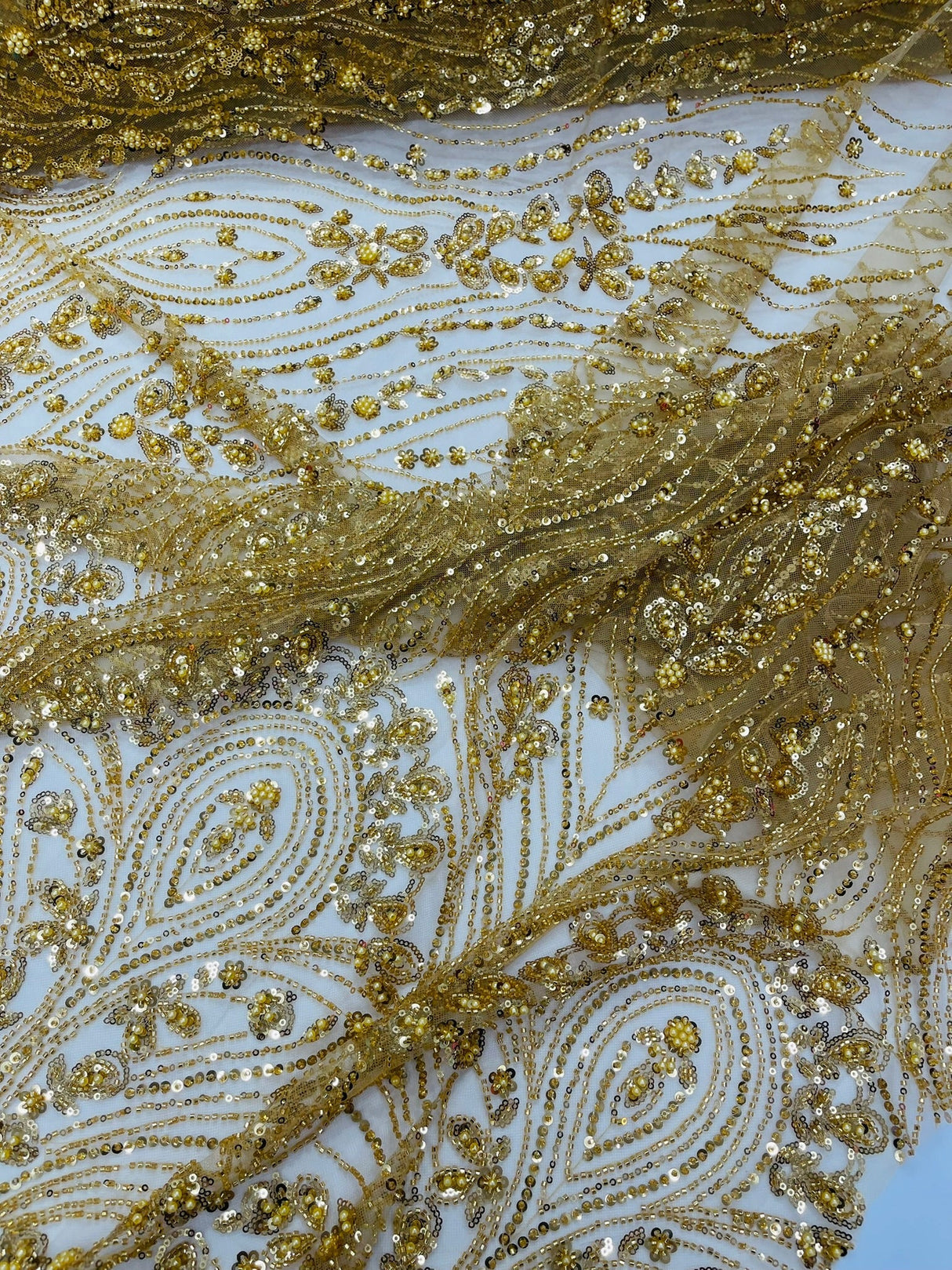 Modern Luxury Beaded Fabric Embroidered On A Mesh Lace Fabric - Beaded Embroidery, 54" Width (1 Yard)