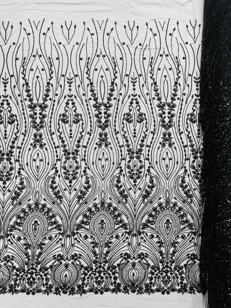Modern Luxury Beaded Fabric Embroidered On A Mesh Lace Fabric - Beaded Embroidery, 54" Width (1 Yard)