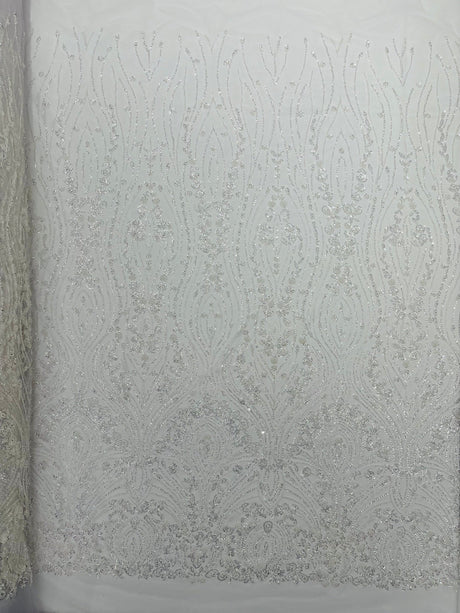 Modern Luxury Beaded Fabric Embroidered On A Mesh Lace Fabric - Beaded Embroidery, 54" Width (1 Yard)