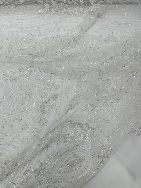 Modern Luxury Beaded Fabric Embroidered On A Mesh Lace Fabric - Beaded Embroidery, 54" Width (1 Yard)