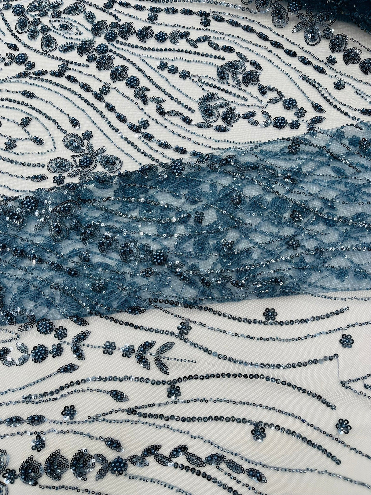 Modern Luxury Beaded Fabric Embroidered On A Mesh Lace Fabric - Beaded Embroidery, 54" Width (1 Yard)
