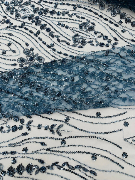 Modern Luxury Beaded Fabric Embroidered On A Mesh Lace Fabric - Beaded Embroidery, 54" Width (1 Yard)