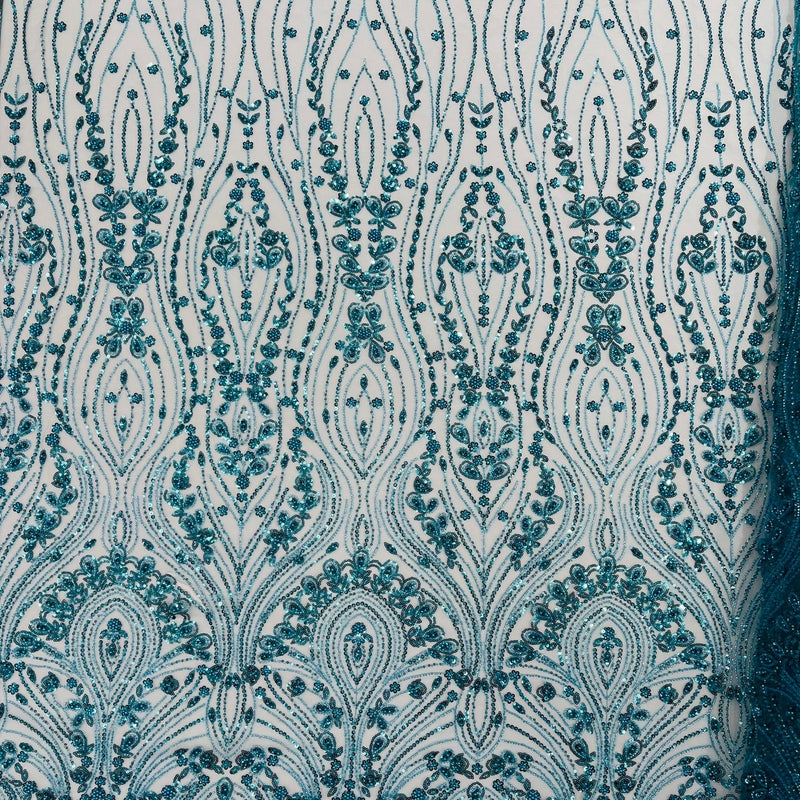 Modern Luxury Beaded Fabric Embroidered On A Mesh Lace Fabric - Beaded Embroidery, 54" Width (1 Yard)