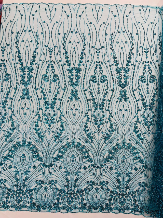 Modern Luxury Beaded Fabric Embroidered On A Mesh Lace Fabric - Beaded Embroidery, 54" Width (1 Yard)