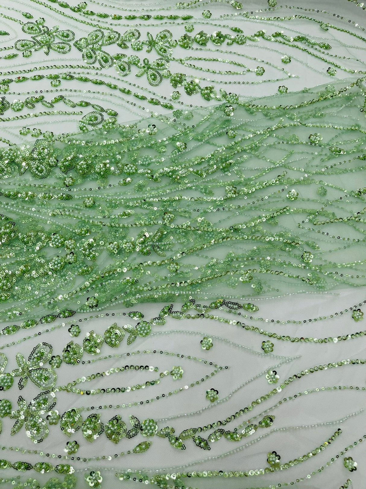 Modern Luxury Beaded Fabric Embroidered On A Mesh Lace Fabric - Beaded Embroidery, 54" Width (1 Yard)