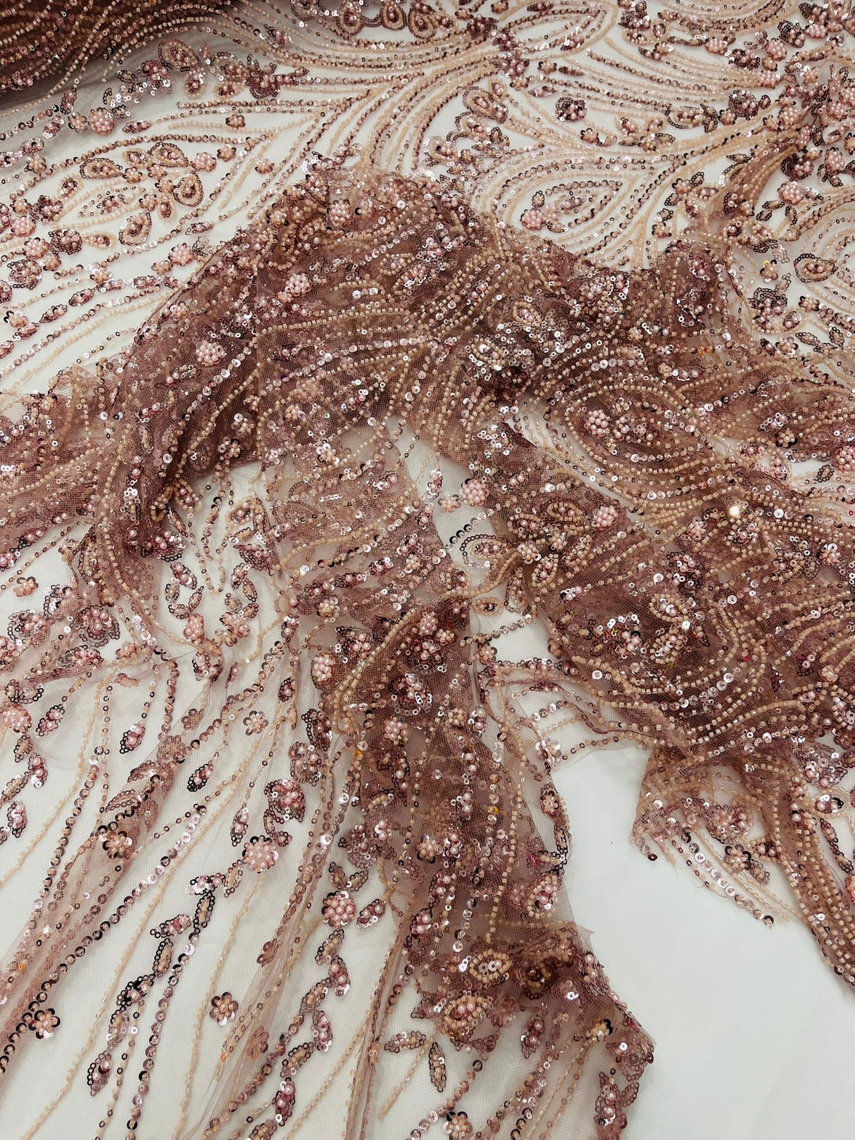 Modern Luxury Beaded Fabric Embroidered On A Mesh Lace Fabric - Beaded Embroidery, 54" Width (1 Yard)