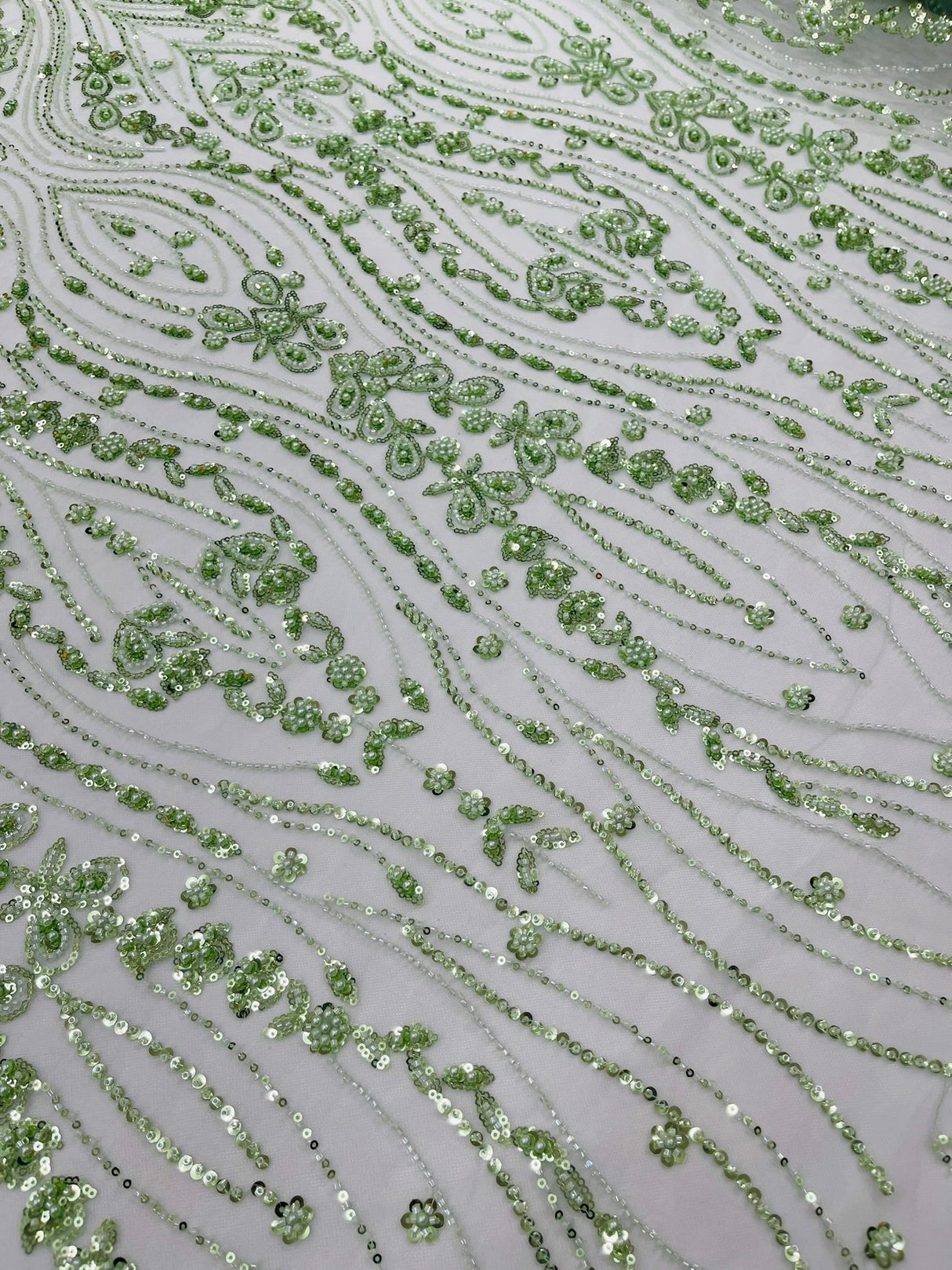 Modern Luxury Beaded Fabric Embroidered On A Mesh Lace Fabric - Beaded Embroidery, 54" Width (1 Yard)