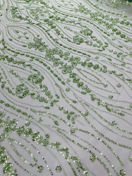 Modern Luxury Beaded Fabric Embroidered On A Mesh Lace Fabric - Beaded Embroidery, 54" Width (1 Yard)
