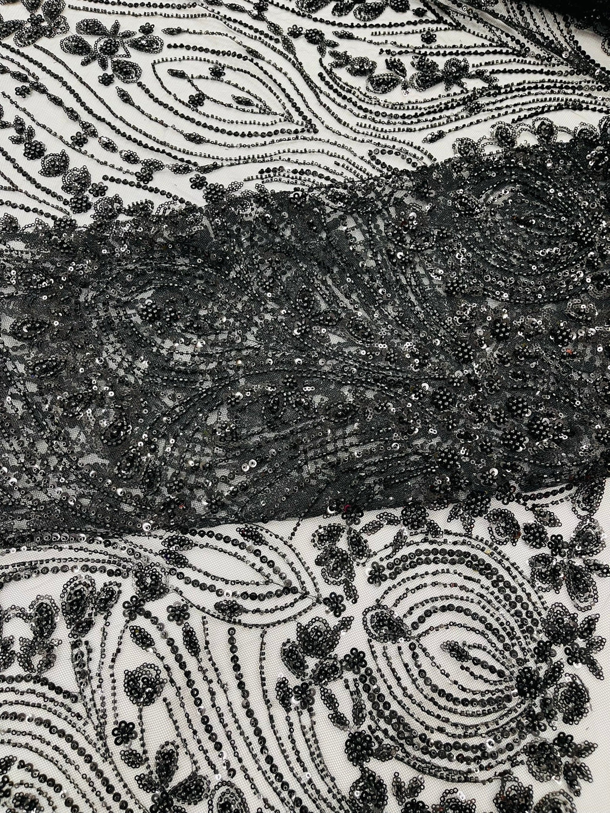 Modern Luxury Beaded Fabric Embroidered On A Mesh Lace Fabric - Beaded Embroidery, 54" Width (1 Yard)