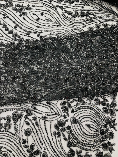 Modern Luxury Beaded Fabric Embroidered On A Mesh Lace Fabric - Beaded Embroidery, 54" Width (1 Yard)