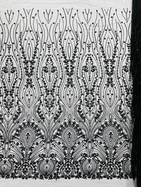 Modern Luxury Beaded Fabric Embroidered On A Mesh Lace Fabric - Beaded Embroidery, 54" Width (1 Yard)