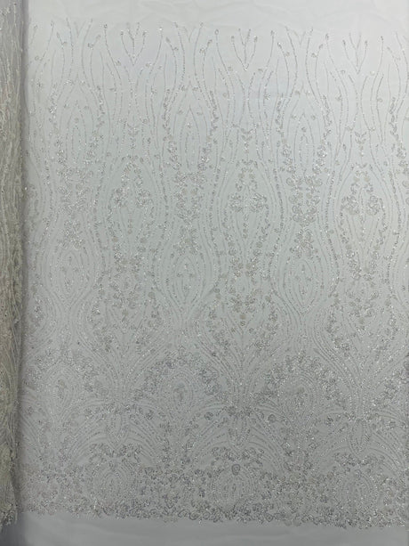 Modern Luxury Beaded Fabric Embroidered On A Mesh Lace Fabric - Beaded Embroidery, 54" Width (1 Yard)