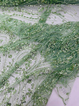 Modern Luxury Beaded Fabric Embroidered On A Mesh Lace Fabric - Beaded Embroidery, 54" Width (1 Yard)