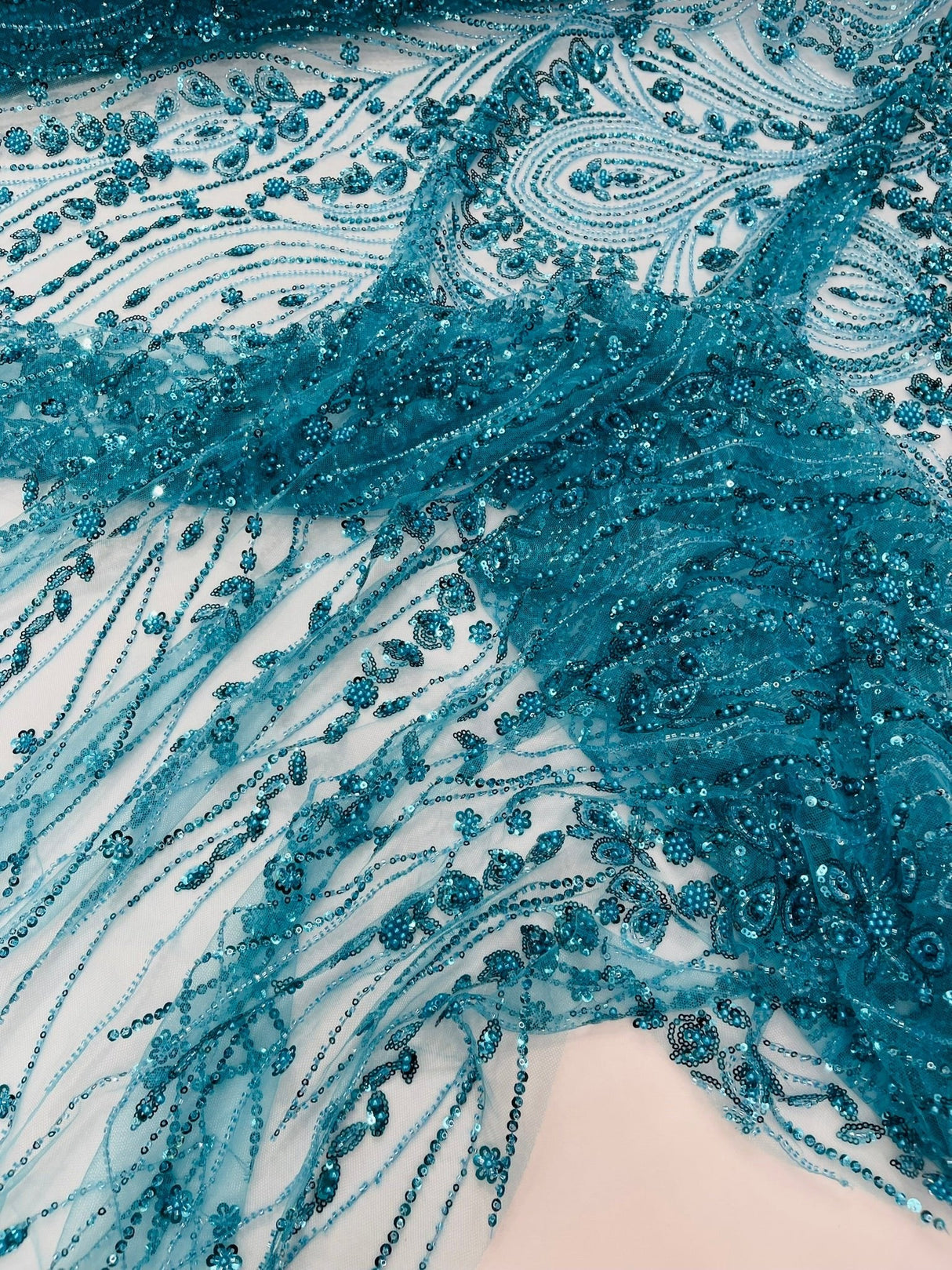 Modern Luxury Beaded Fabric Embroidered On A Mesh Lace Fabric - Beaded Embroidery, 54" Width (1 Yard)