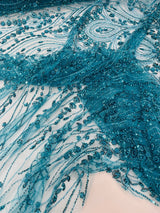 Modern Luxury Beaded Fabric Embroidered On A Mesh Lace Fabric - Beaded Embroidery, 54" Width (1 Yard)