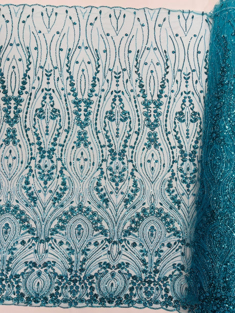 Modern Luxury Beaded Fabric Embroidered On A Mesh Lace Fabric - Beaded Embroidery, 54" Width (1 Yard)