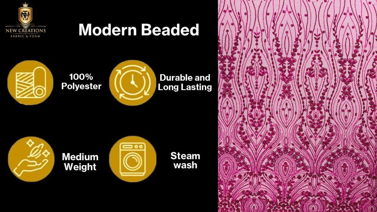 Modern Luxury Beaded Fabric Embroidered On A Mesh Lace Fabric - Beaded Embroidery, 54" Width (1 Yard)