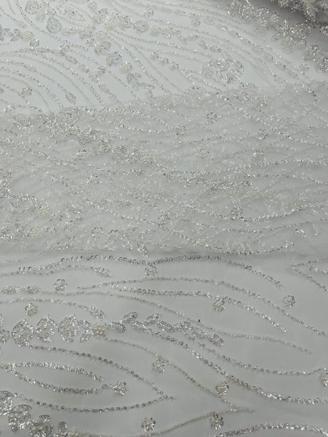 Modern Luxury Beaded Fabric Embroidered On A Mesh Lace Fabric - Beaded Embroidery, 54" Width (1 Yard)
