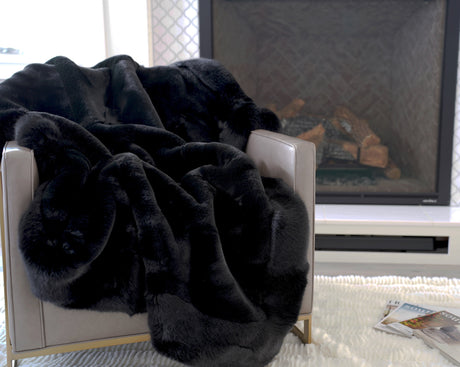 Luxurious Chinchilla Rabbit Faux Fur Throw Blanket Polyester Fabric - Silver/Silver, Green/Green, Snow White/White, Wine On Black, Black On Black, 50" X 60" (1 Piece)