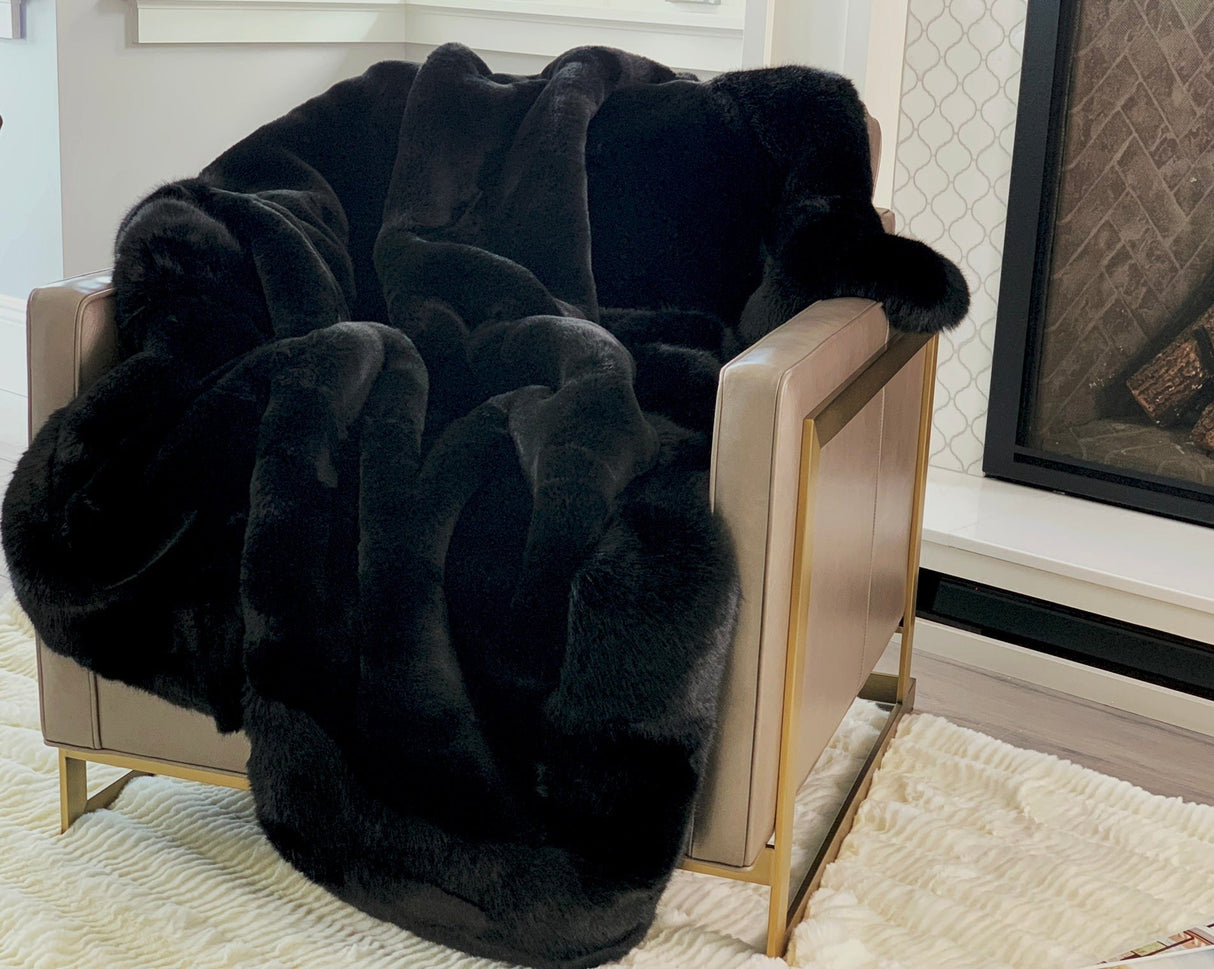 Luxurious Chinchilla Rabbit Faux Fur Throw Blanket Polyester Fabric - Silver/Silver, Green/Green, Snow White/White, Wine On Black, Black On Black, 50" X 60" (1 Piece)
