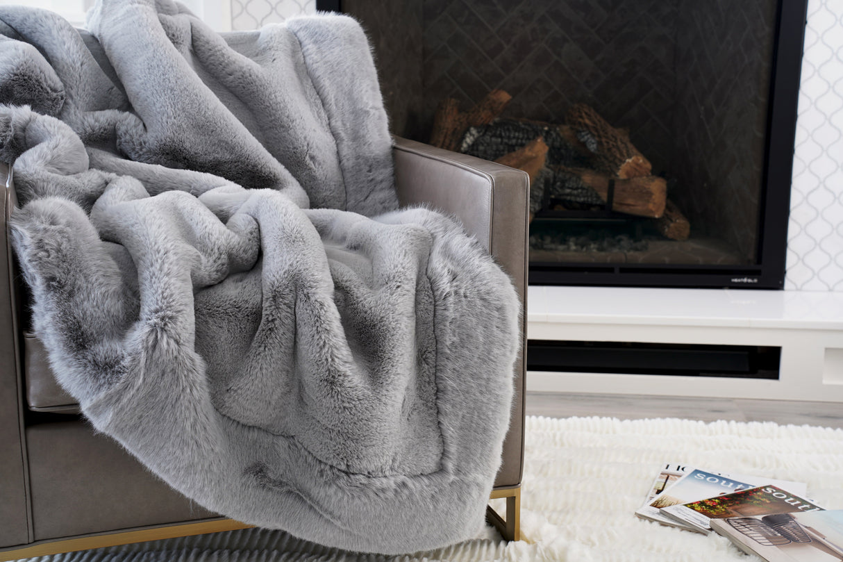 Luxurious Chinchilla Rabbit Faux Fur Throw Blanket Polyester Fabric - Silver/Silver, Green/Green, Snow White/White, Wine On Black, Black On Black, 50" X 60" (1 Piece)
