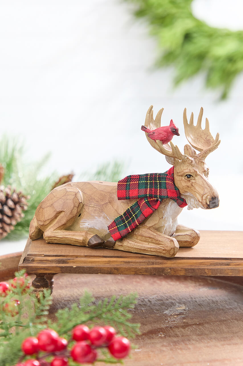 6.5" - 9" Moose with Cardinal & Plaid Scarf