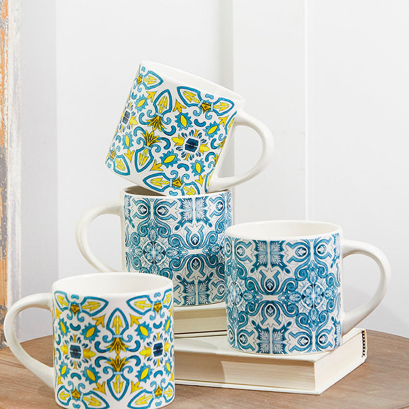 Patterned Dolomite Mug Set of 4 Blue & Yellow Decorative Coffee Mugs