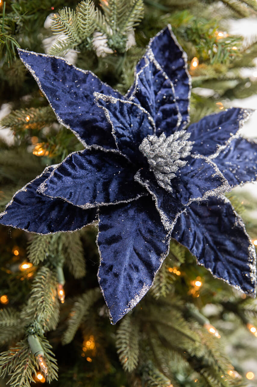 24” x 12.5" Navy Glitter Edge Velvet Poinsettia Stem