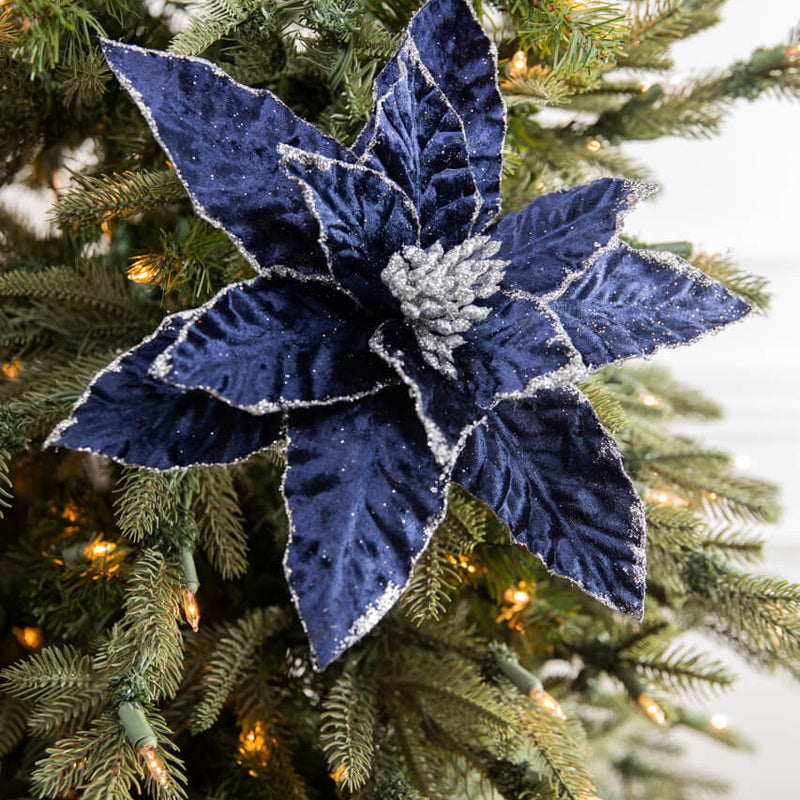 24 Inch x 12.5 Inch Navy Glitter Edge Velvet Poinsettia Stem