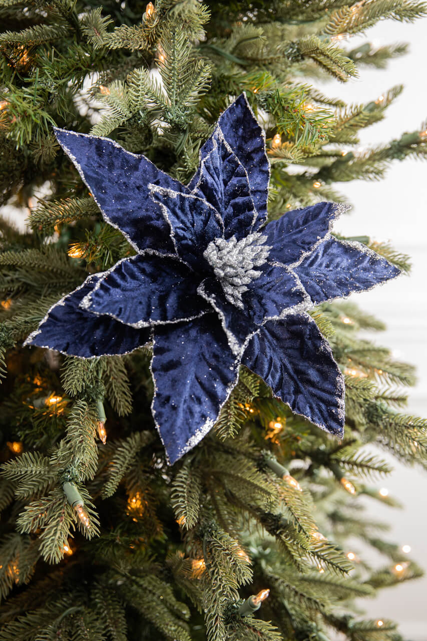 24” x 12.5" Navy Glitter Edge Velvet Poinsettia Stem