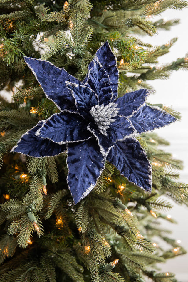 24” x 12.5" Navy Glitter Edge Velvet Poinsettia Stem