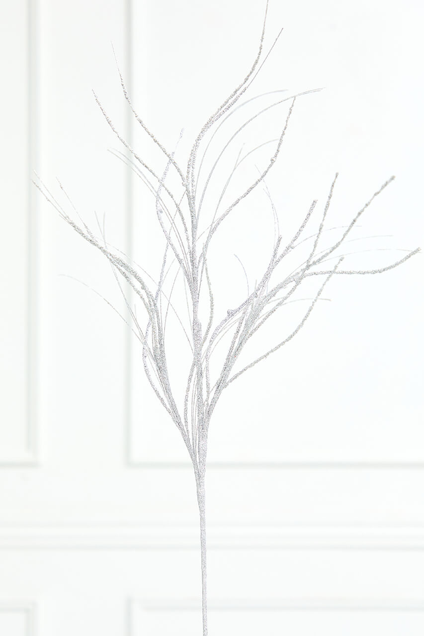 32" Silver Glitter Curly Grass Spray