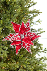 24 Inch Tinsel Edge Velvet Poinsettia Stem – Red & Silver Glam for Festive Holiday Décor