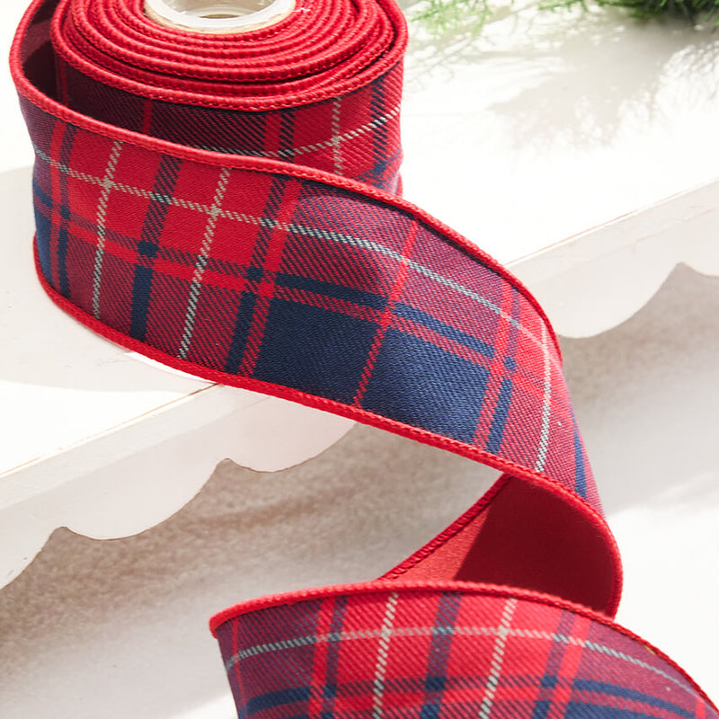 2.5” x 5 Yard Plaid Check Taffeta Ribbon - Red/Navy