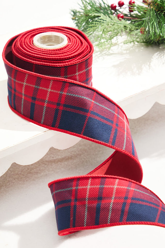2.5” x 5 Yard Plaid Check Taffeta Ribbon - Red/Navy