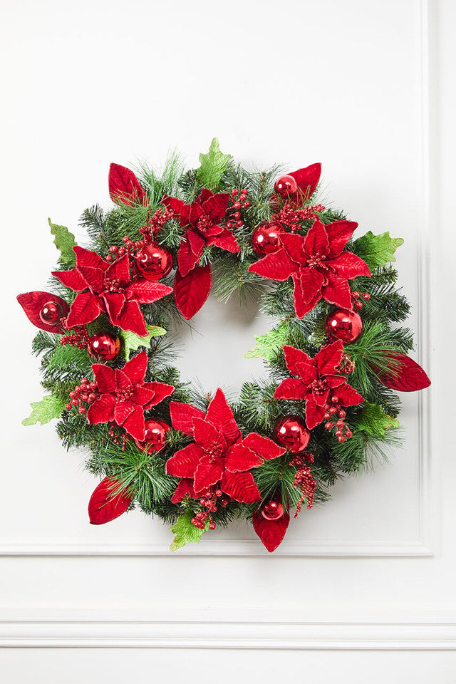32” Pine Wreath with Poinsettias Ball Ornaments & Glitter Berries Festive Christmas Door Décor