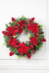 32” Pine Wreath with Poinsettias Ball Ornaments & Glitter Berries Festive Christmas Door Décor
