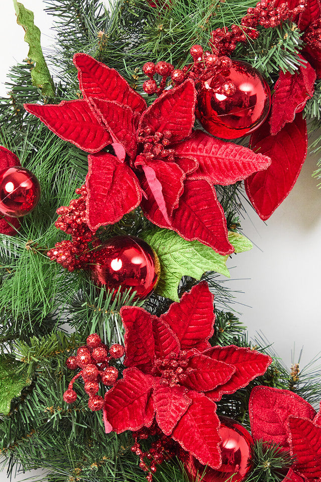 32” Pine Wreath with Poinsettias Ball Ornaments & Glitter Berries Festive Christmas Door Décor