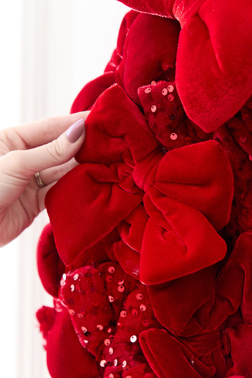 36" Red Velvet Sequin Bow Potted Ball Topiary