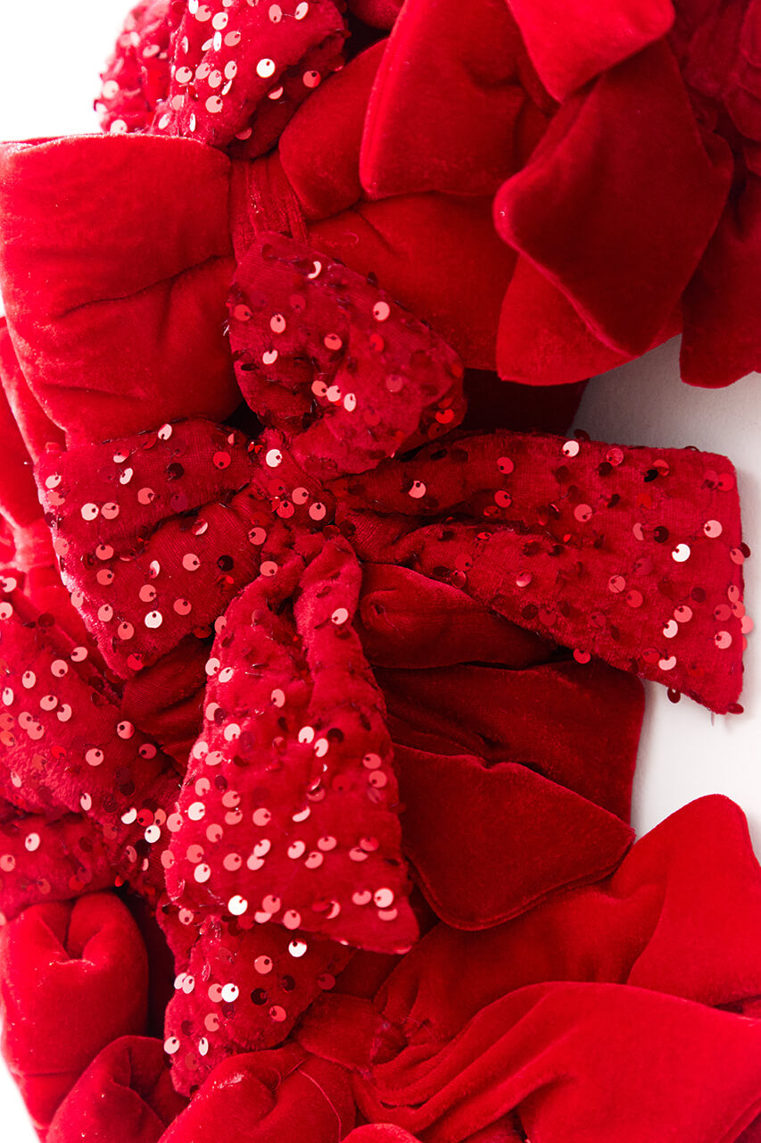 30" Red Velvet Sequin Bow Wreath