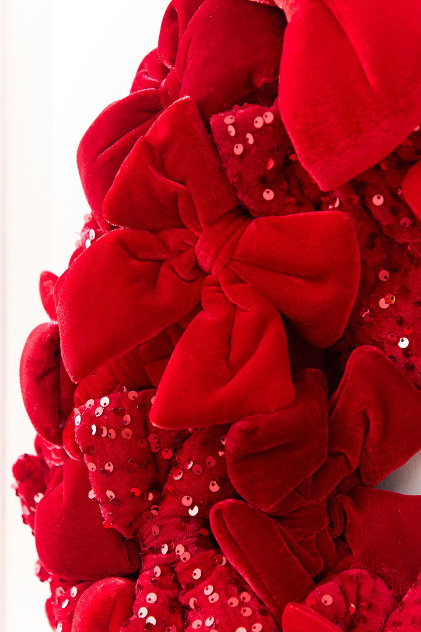 30" Red Velvet Sequin Bow Wreath