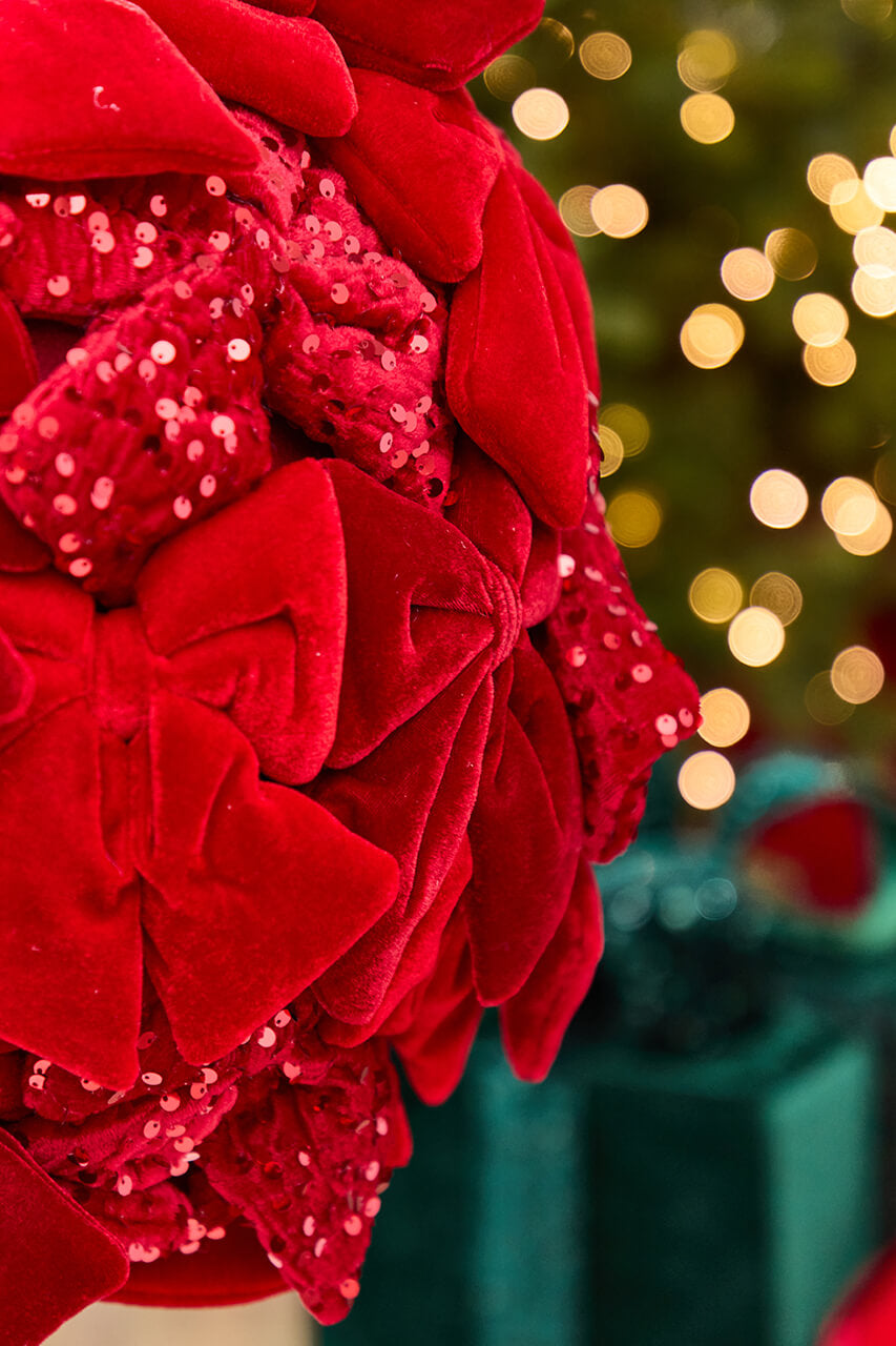 36" Red Velvet Sequin Bow Potted Ball Topiary