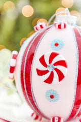 5" Red, White & Mint Blue Peppermint Glass Ball Ornament