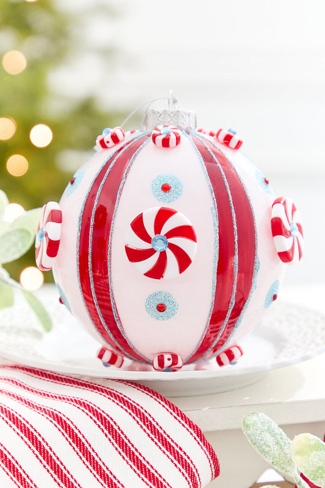 5" Red, White & Mint Blue Peppermint Glass Ball Ornament