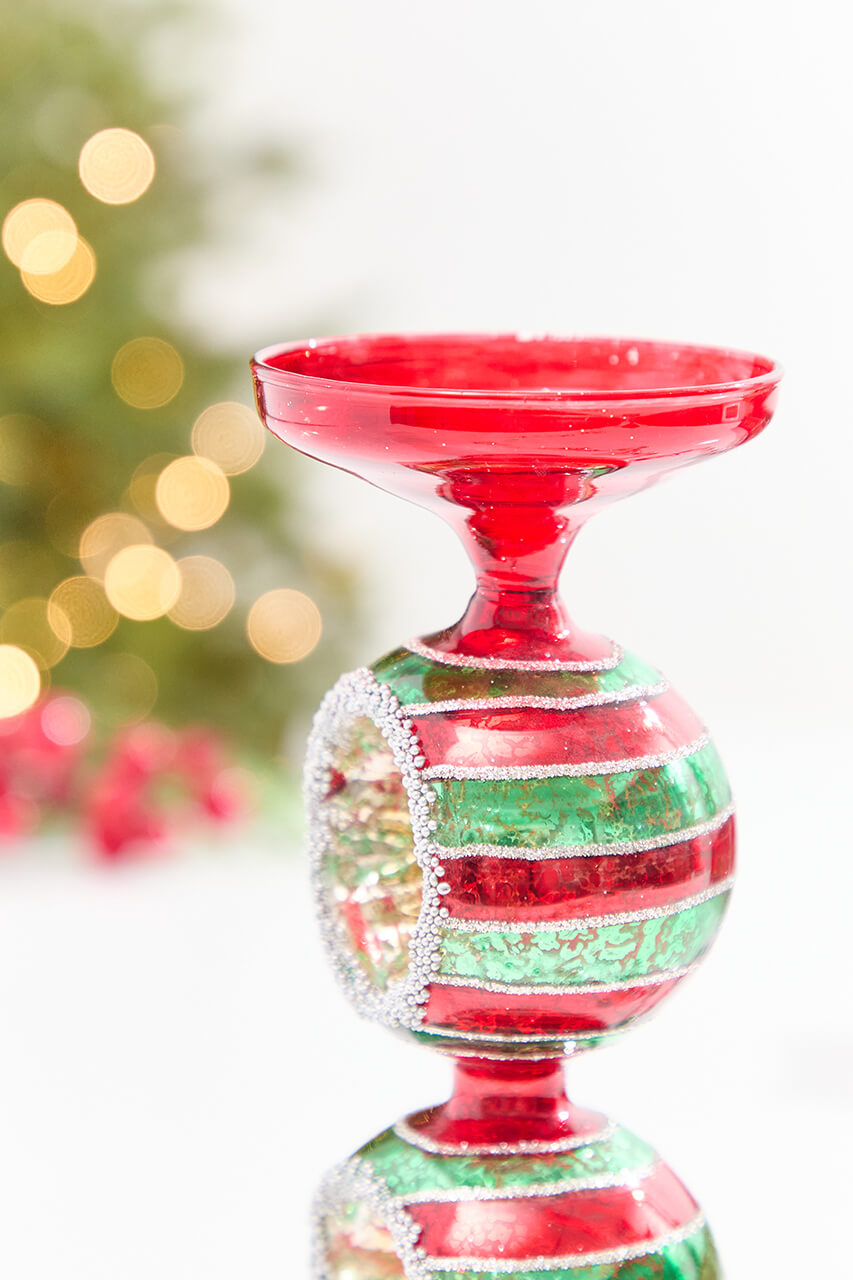 10" Red & Green Reflector Glass Candle Holder